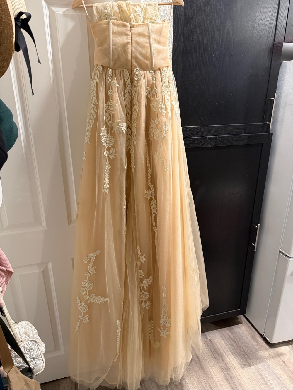 Strapless Lace Appliqué Tulle Gown in Champagne - Picture 5 of 7